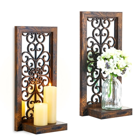 Brown Scroll Pattern Wooden Wall Candle Holder Set of Two