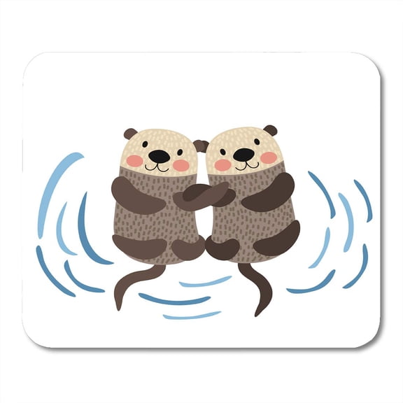 Brown Sea Otter Couple Holding Hands Cartoon Character Ocean Aquatic Mousepad Mouse Pad Mouse Mat 9x10 inch