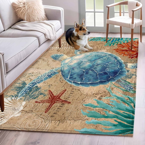 Brown Sea Turtle Coastal Area Rug 4x6 Washable Rug Non Slip Nautical Coral Ocean Vintage Large Area Rug Indoor Floor Carpet for Entryway Bedroom Kitchen Living Room Home Office Dining Room Nursery
