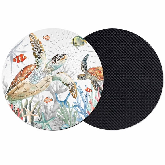 Brown Sea Turtle Coastal Coasters Set of 2, Summer Beach Coral Starfish Nautical Absorbent Coasters for Drinks, Coaster for Bar Office Dining Coffee Table Decor, Non Slip Round Desk Coaster
