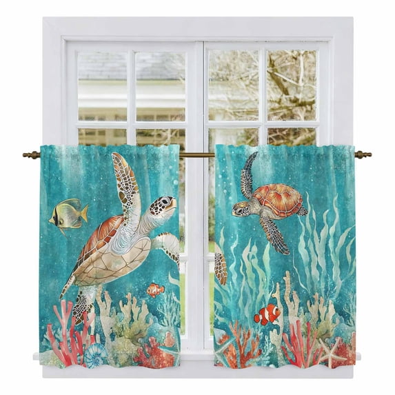 Brown Sea Turtle Coastal Kitchen Curtains, Teal Summer Beach Coral Nautical Light Filtering Window Curtain Panels, 2Pcs Rod Pocket Window Treatments Set for Cabin Bathroom Bedroom 52x45 Inches
