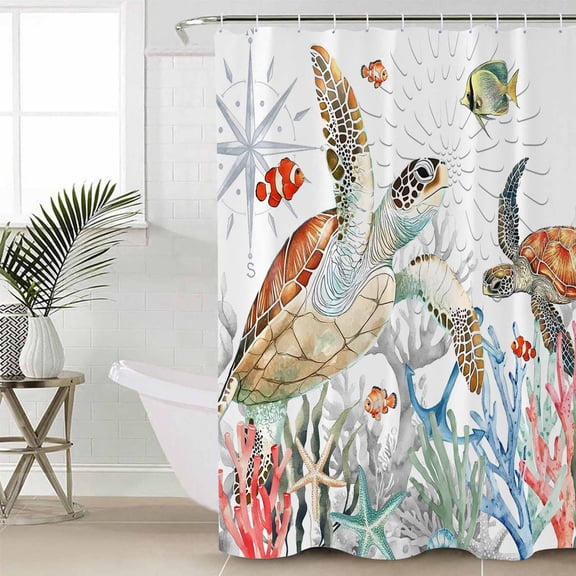 Brown Sea Turtle Coastal Long Shower Curtain Set, Waterproof Shower Curtains for Bathroom, Summer Beach Coral Starfish Nautical Washable Fabric Cloth Bath Curtain for Bathtub with Hooks 72x84 Inches