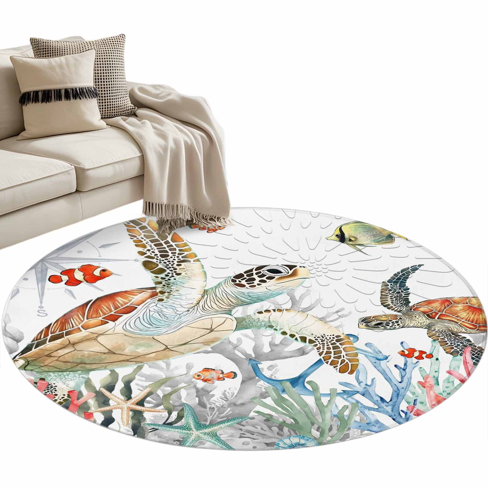 Brown Sea Turtle Coastal Round Area Rug 4ft, Summer Beach Coral ...