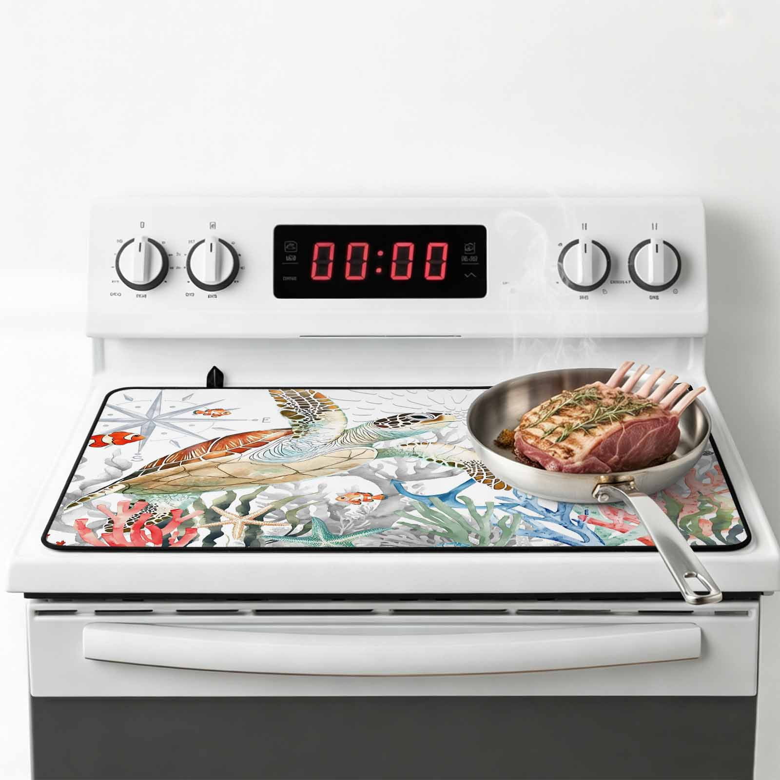 Brown Sea Turtle Coastal Stove Top Cover for Electric Stove, Heat-proof & Non Slip Glass Top Stove Cover Protector, Summer Beach Coral Starfish Nautical Kitchen Flat Cooktop Rubber Mat 24x21 Inches
