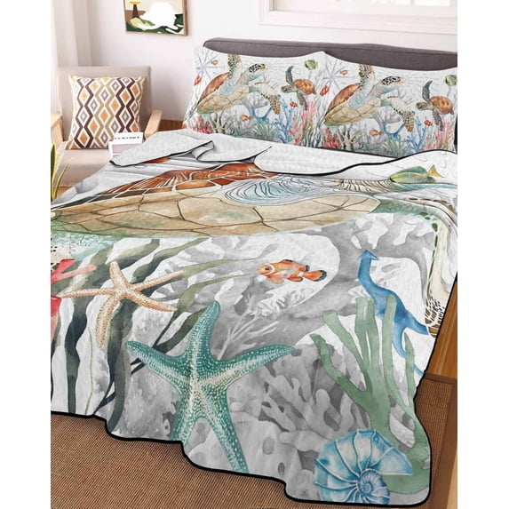 Brown Sea Turtle Coastal Twin XL Size Down Alternative Comforter,Lightweight Comforter Quilt Bedding Set with Pillow Shams Summer Beach Coral Starfish Nautical Bed Comforter Duvet Insert 68"x98"