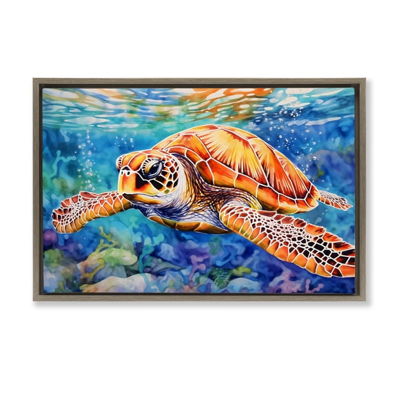 Stupell Industries Brown Sea Turtle Under Surface Brown Framed Floater Canvas Wall Art, design by LSR Design Studio, 21 x 31
