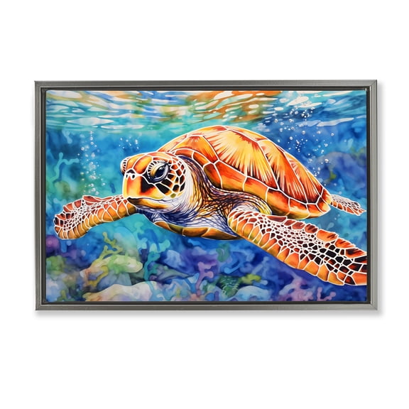 Stupell Industries Brown Sea Turtle Under Surface Gray Framed Floater Canvas Wall Art, design by LSR Design Studio, 17 x 25