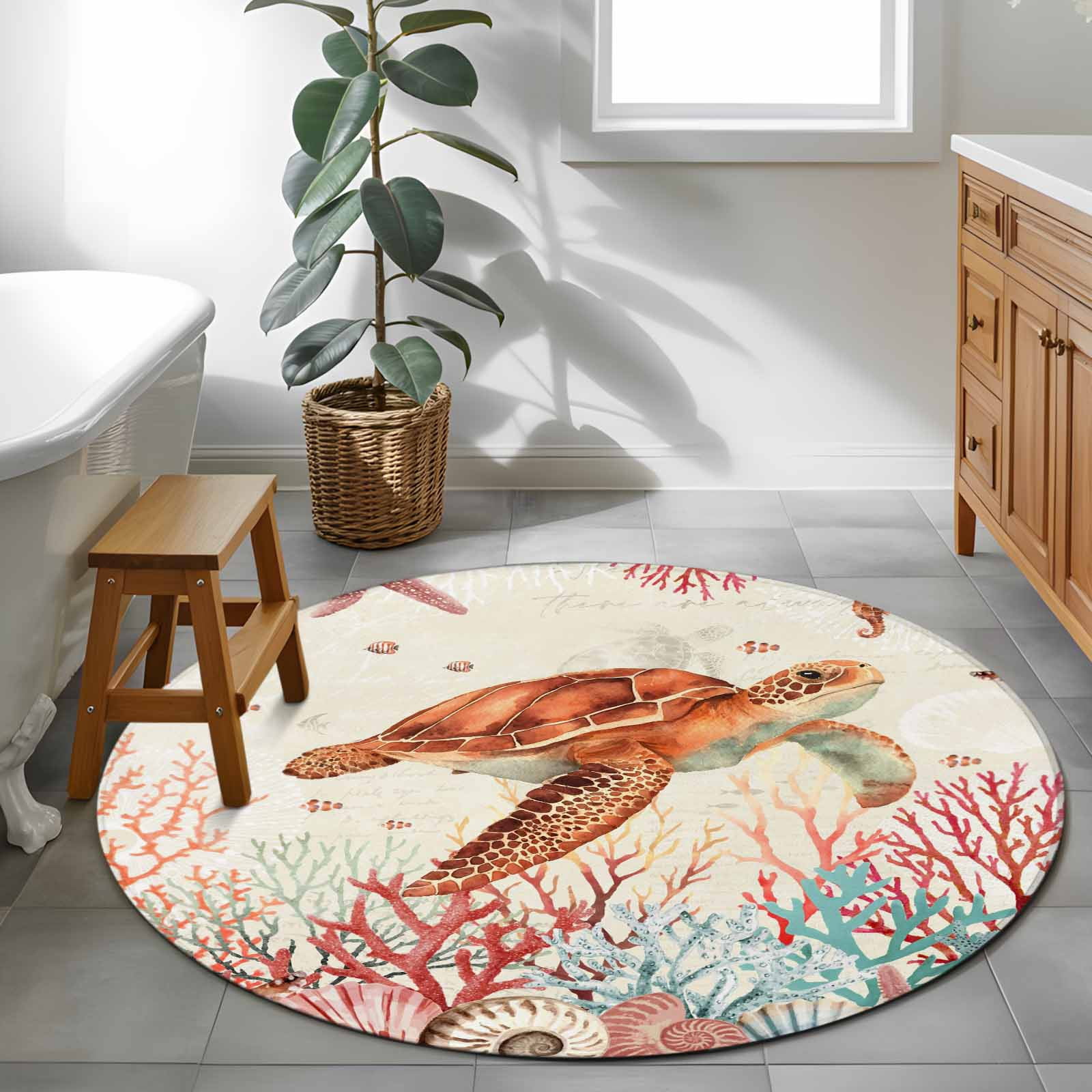 Brown Sea Turtles 4ft Round Rug for Cozy Reading Nook Home Office Chair ...