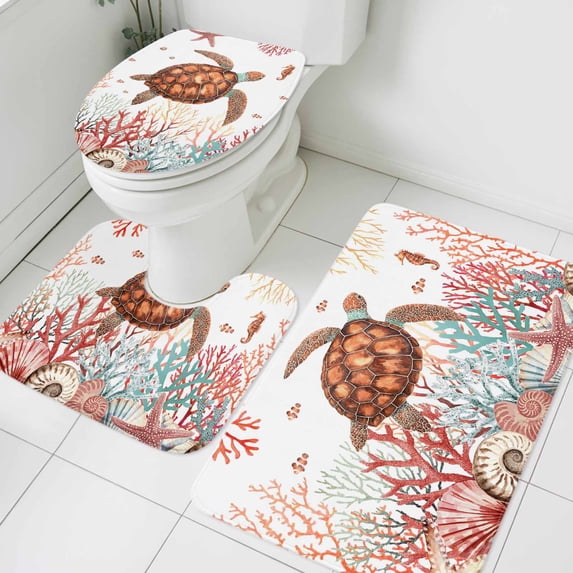 Brown Sea Turtles Bathroom Rugs Set Summer Ocean Marine Life Red Corals Shells Non Slip Absorbent Soft Bath Mats 3 Piece Set with Bathroom Rug, U-Shaped Floor Mat, Toilet Seat Cover Large Size