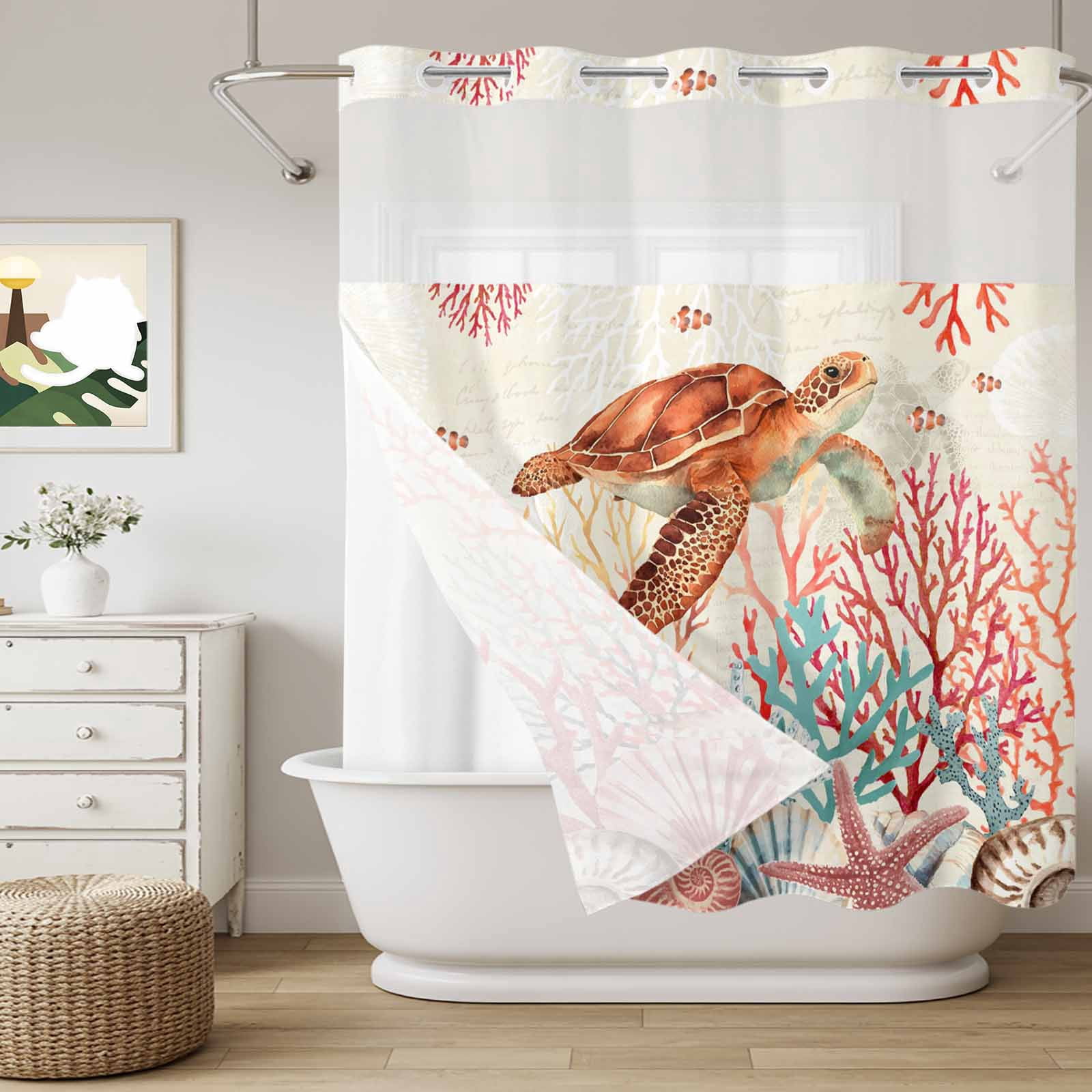 Brown Sea Turtles No Hook Shower Curtain with Snap in Liner, Summer ...