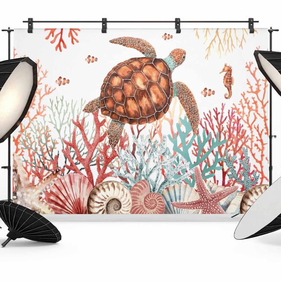 Brown Sea Turtles Photography Backdrop 10x8FT, Summer Ocean Marine Life Red Corals Shells Photo Backdrops, Background for Photography Studio Photo Studio Background, Back Drop for Photoshoot