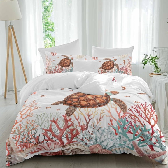 Brown Sea Turtles Queen Size Comforter Set, Summer Ocean Marine Life Red Corals Shells Bedding for All Seasons, 4 Pcs Bed Set, 1Quiltcover (90"x92") ,1Sheet(94"x116"), 2Pillowcases (30"x20")