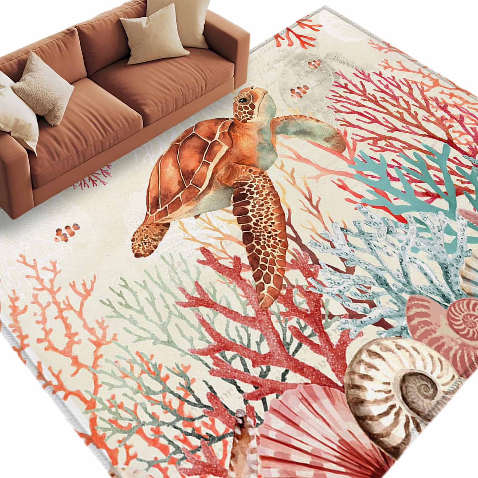 Turtle Rug Cream Brown Sea Turtles Rectangle Area Rug 5x7 ft Summer Ocean Red Marine ...