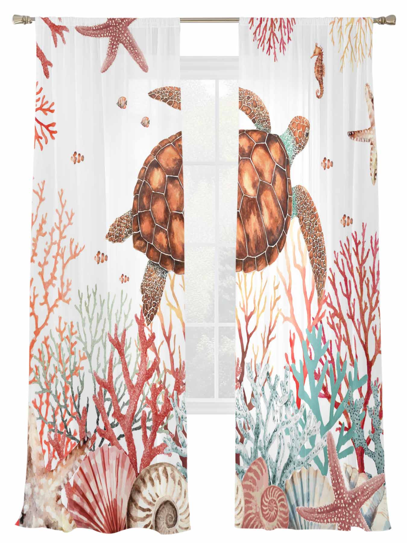 Brown Sea Turtles Sheer Curtains 2 Panels Set Summer Ocean Marine Life ...