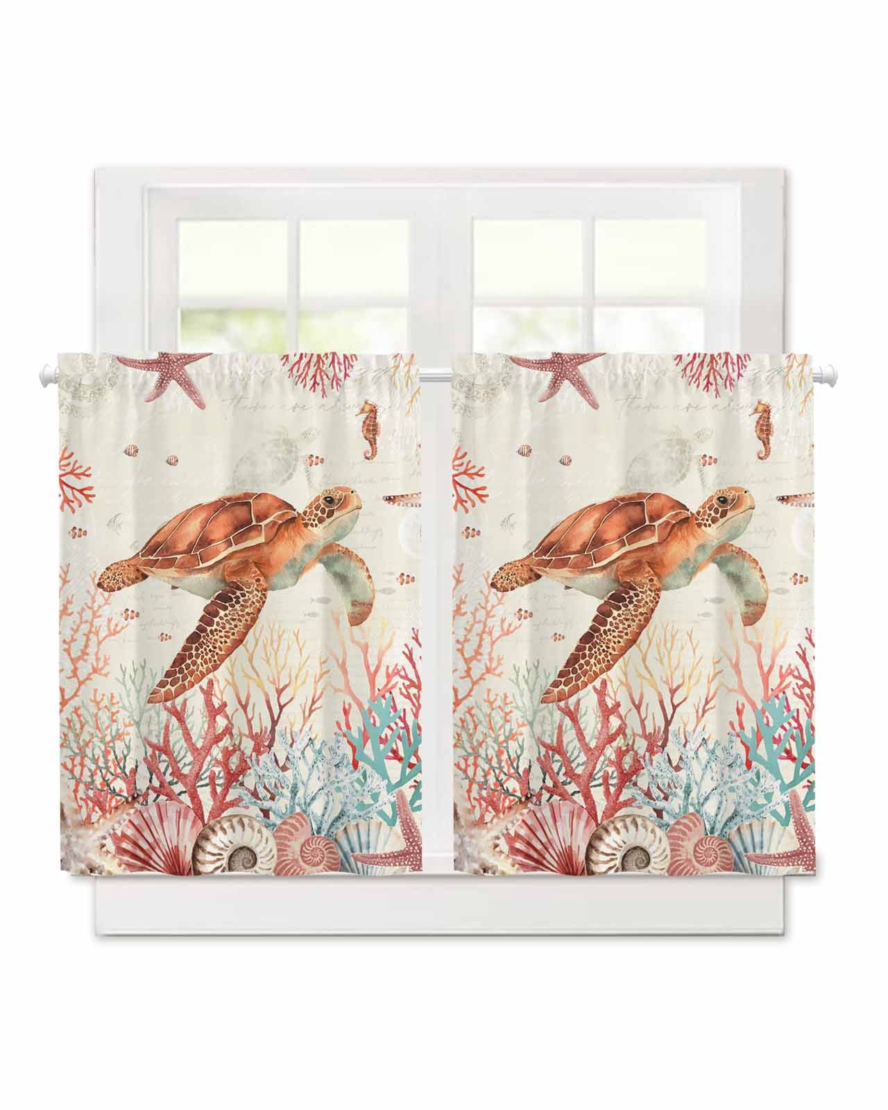 Brown Sea Turtles Short Blackout Curtains 24 Inch Long Summer Ocean Red ...