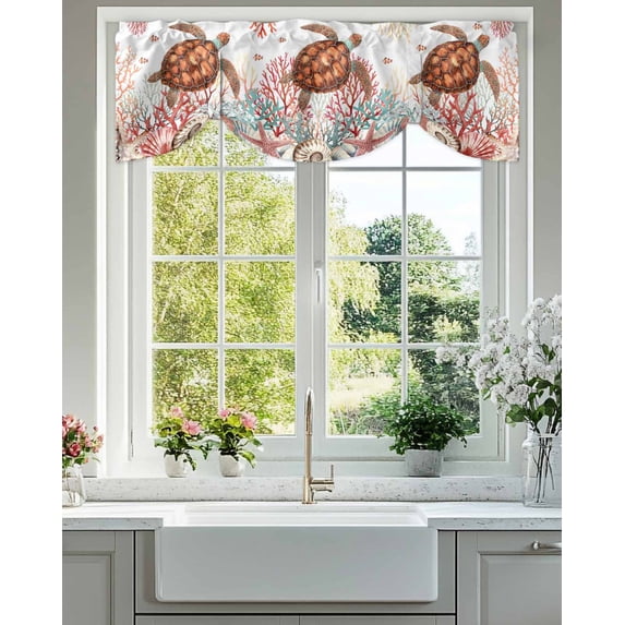 Brown Sea Turtles Tie Up Valances Curtain, Adjustable Kitchen Summer Ocean Marine Life Red Corals Shells Valances for Windows Decor, Rod Pocket Short Curtains Set for Bedroom/Bathroom, 60"x18"