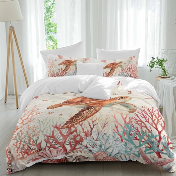 Brown Sea Turtles Twin Size Comforter Set, Summer Ocean Red Marine Life Corals Shells Bedding for All Seasons, 4 Pcs Bed Set, 1 Quiltcover (68"x86") ,1Sheet(67"x116"), 2Pillowcases (30"x20")