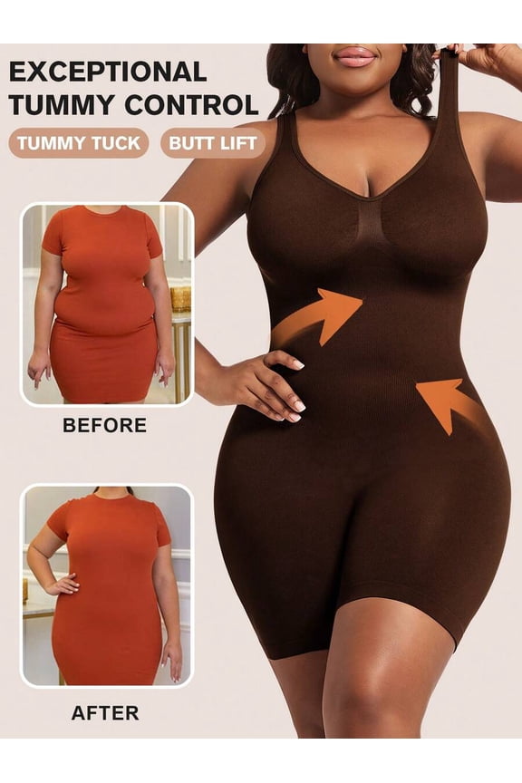 Brown Seamless Plus Size Shapewear Bodysuit With Tummy Tuck And Butt Lift