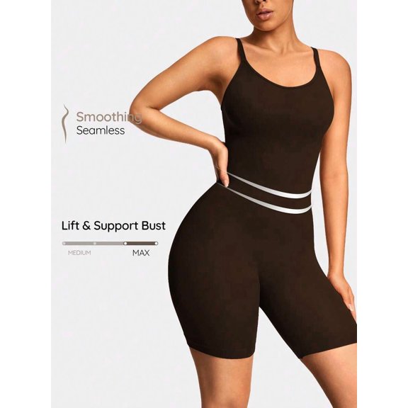 Brown Seamless Smoothing Shapewear Bodysuit With Spaghetti Straps And High Waist Control