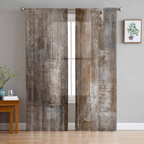 Brown Semi Sheer Curtains 72 Inch Length 2 Panels Set, Retro Oil Painting Modern Abstract Art Aesthetics Sheer Kitchen Curtain Privacy Voile Window Curtain for Living Room Bedroom Rod Pocket Drapes