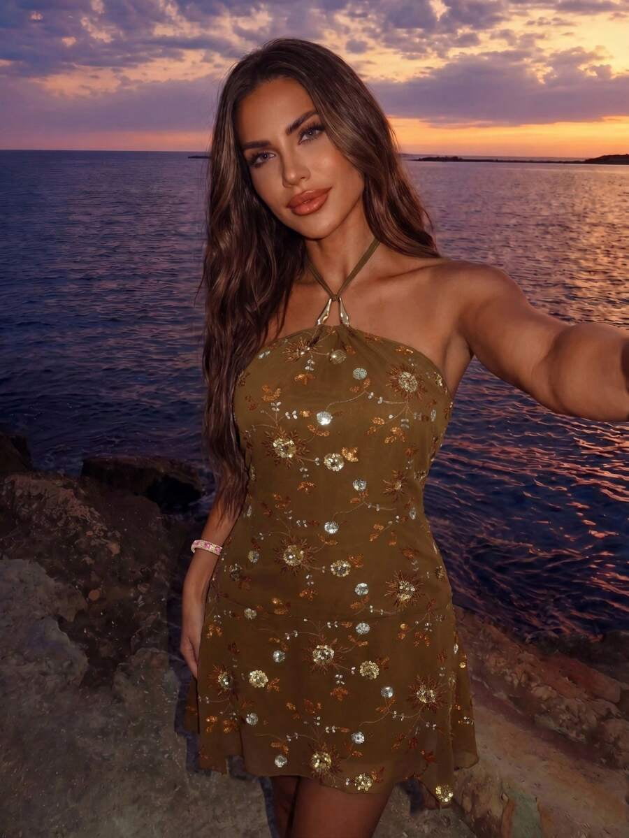 brown sequin halter dress Neck Asymmetrical Mini For Women Blush Pink Prom Dress
