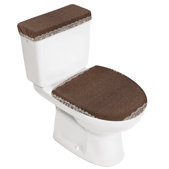 Brown Shabby Chic Elastic Toilet Lid and Tank Covers Set, Lace Border Romantic Decorative Bathroom Decor, 2 Pcs Toilet Lid Cover and Toilet Tank Lid Cover with Elastic Bottom