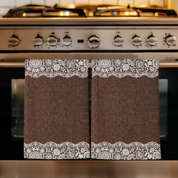 Brown Shabby Chic Kitchen Towels Set of 2, Lace Border Romantic Absorbent Dish Towels for Kitchen, Microfiber Hand Towel, Quick Drying Tea Towel for Cleaning Decorative Dishcloths