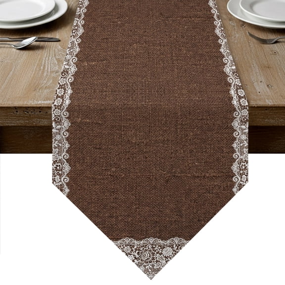 Brown Shabby Chic Table Runner Linen Burlap Table Runner 36 Inches Small Lace Border Romantic Aesthetic Dresser Scarves for Kitchen Island Coffee Dining Room Party Wedding Holiday Decoration 13"x36"