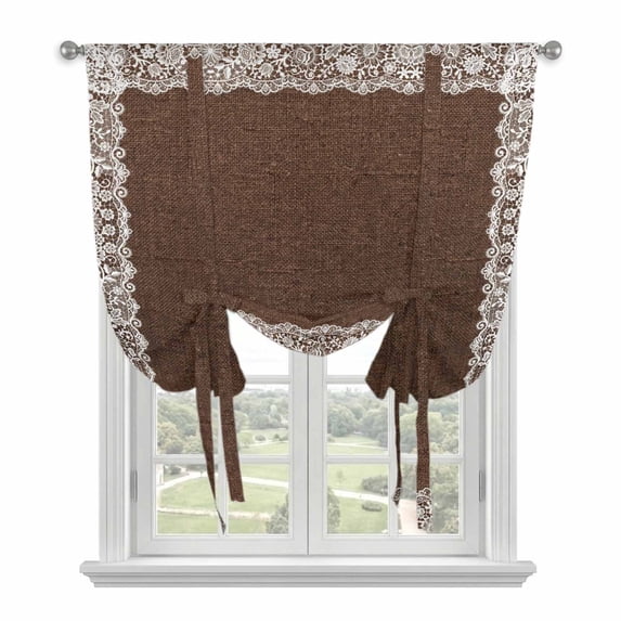 Brown Shabby Chic Tie Up Curtains for Windows, Adjustable Balloon Window Shades, Lace Border Romantic Aesthetic Kitchen Window Treatments Adjustable Roll Up Curtain for Basement/Nursery 52"x45"