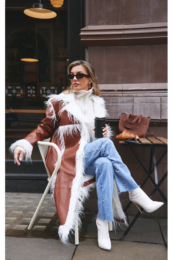Brown Shaggy Trim Midi Coat