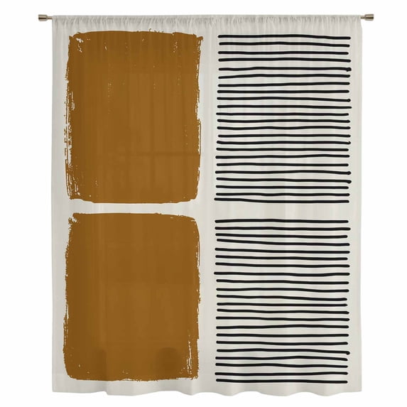 Brown Sheer Curtains 45 Inches Long, Modern Painting Farmhouse Striped Abstract Art Light Filering Curtains, Breathable Simi Curtain Privacy Drapes for Kitchen Bathroom Small Window Treatment
