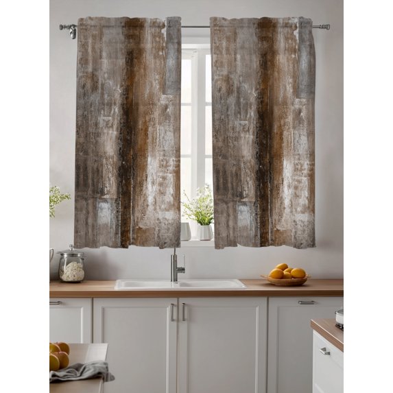 Brown Sheer Kitchen Tier Curtains 45 Inch length,Rod Pocket Half Curtains & Drapes,Retro Oil Painting Modern Abstract Art Aesthetics Chiffon Cafe Bathroom Window Treatments 2 Pcs 27.5"W x 45"L