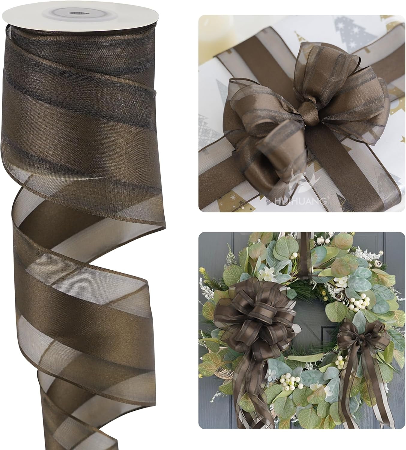 Brown Sheer Wired Ribbon with Satin Stripe 2.5 inch Brown Ribbon for Christmas Tree, Bows Making, Wreaths, Garland, Gift Wrapping, Wedding Decor, Thanksgiving Decor-Continous 10 Yards