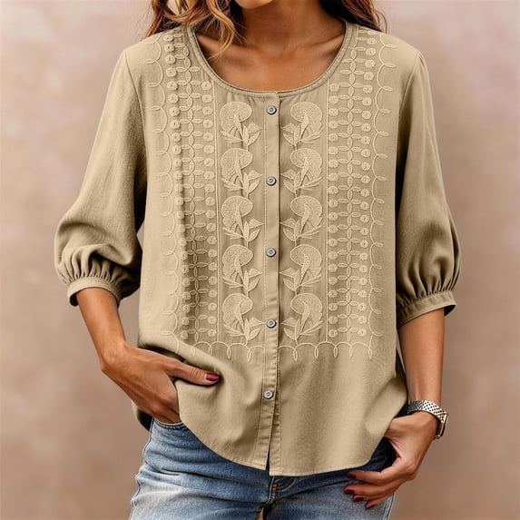 Brown Shirts for Womens 3/4 Sleeve Fall Slim Fit Basic Shirt Layer for Office