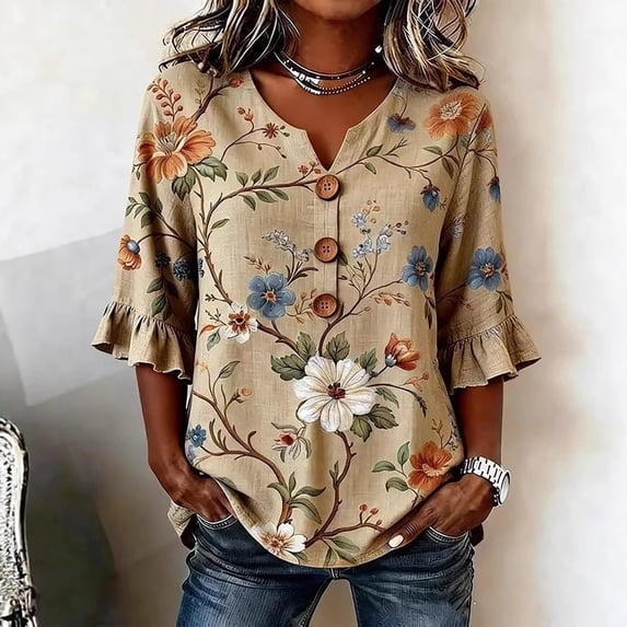 Brown Shirts for Womens 3/4 Sleeve Fall Slim Fit Basic Shirt Layer for Office