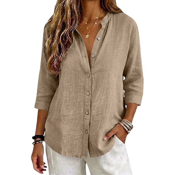 Brown Shirts for Womens 3/4 Sleeve Fall Slim Fit Basic Shirt Layer for Office