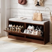 Brown Shoe Bench, Modern Entryway Bench with 2 Flip Drawers, Shoe Rack Bench with Padded Seat Cushion, Wooden Shoe Storage Bench for Entryway, Bedroom and Apart