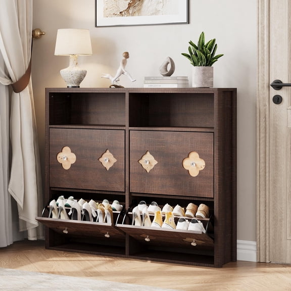 Brown Shoe Cabinet with 4 Flip Drawers, Shoe Storage Cabinet with Adjustable Shelves & Open Storage, Flower Pattern & Diamond Handle, Freestanding Slim Wooden Shoe Rack Cabinet for Entryway, Hallway