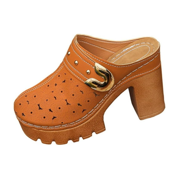 Brown Shoes High Heels Slippers Casual Spring Summer Women'S Closed Toe Solid Color Chunky Heel Platform Outdoor Indoor Round Toe Synthetic Leather Eu Size 41 1 Pair Footwear Weight 0.90 L