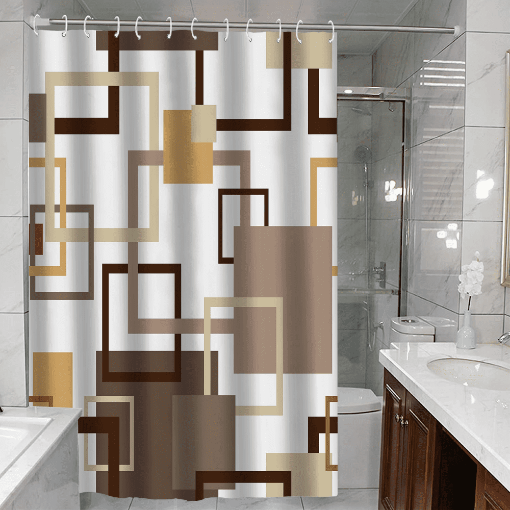 Brown Shower Curtain, Abstract Black Grey White Geometric Fabric Shower Curtain, Mid Century