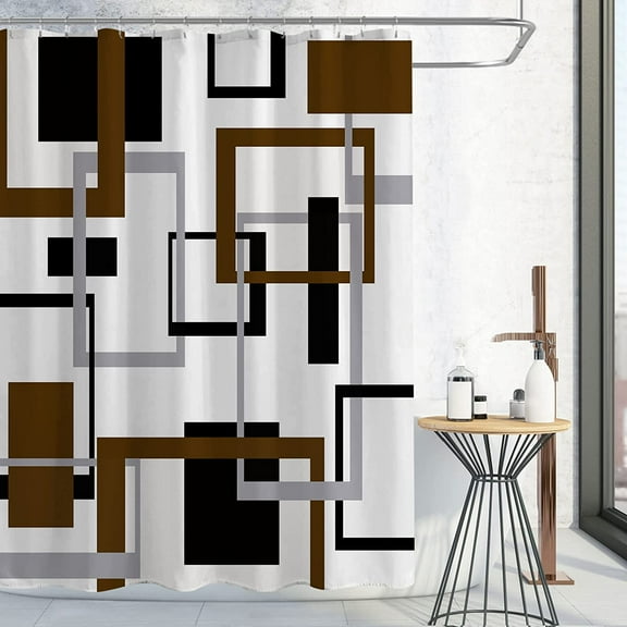 Brown Shower Curtain, Abstract Black Grey White Geometric Fabric Shower Curtain, Mid Century Modern Decor Waterproof Bathroom Curtain Shower Set with Hooks, 72 x 72