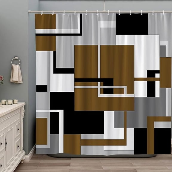 Brown Shower Curtain Black White Gray Geometric Abstract Mid Century Modern Minimalist Fashion Home Fabric Bathroom Decor Set Include Hooks 36"W x 72"L