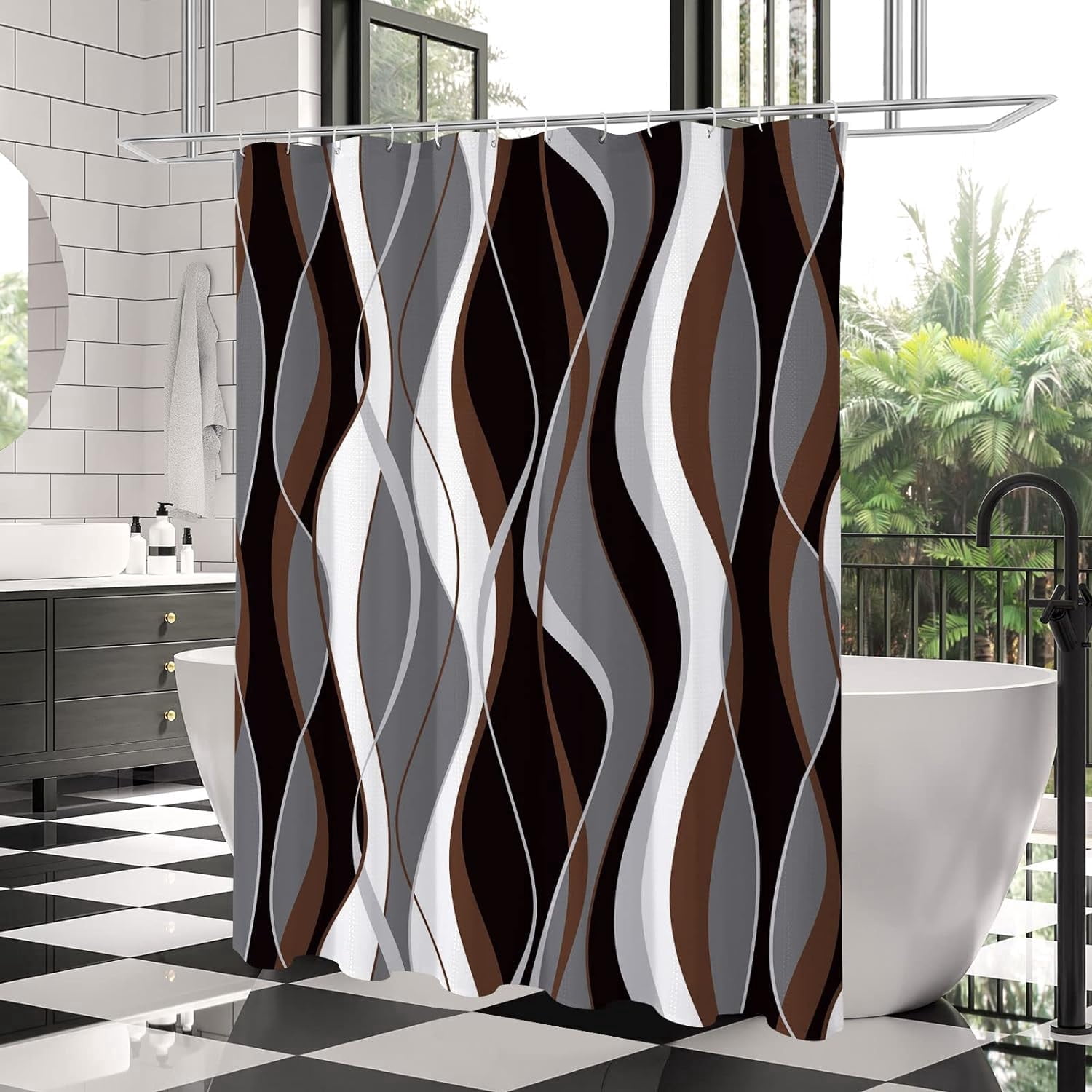 Brown Shower Curtain, Black and Grey Abstract Modern Bathroom Decor, Waffle Weave Textured Fabric Shower Curtain Set with Hooks, 72x72