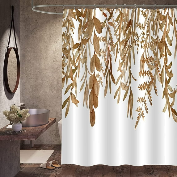 Brown Shower Curtain, Fall Eucalyptus Plant Leaves Fabric Shower Curtain Set, Watercolor Floral Botanical Nature Aesthetic Waterproof Shower Curtain for Bathroom Decor, 72 x 72