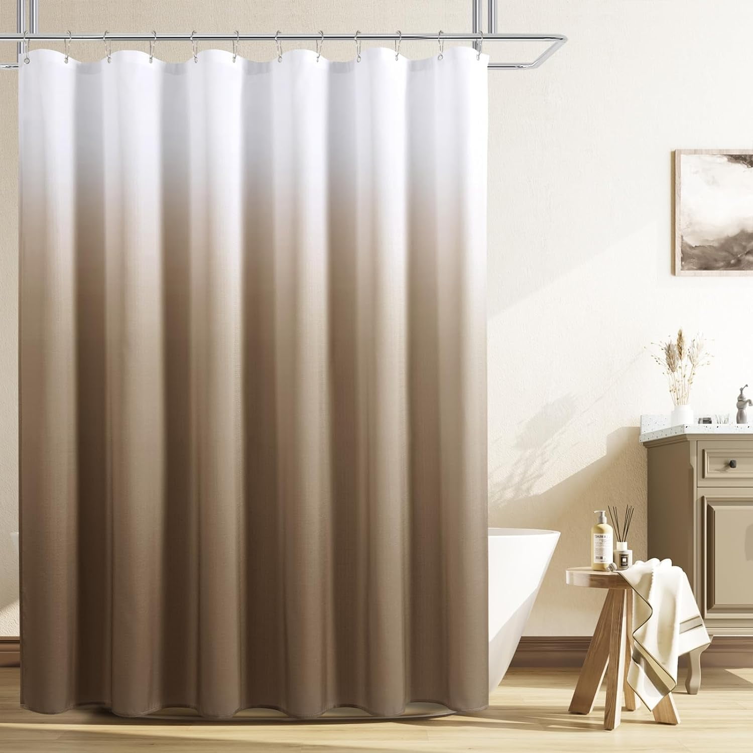 Brown Shower Curtain, Light Brown Bath Curtains for Bathroom, Ombre Linen Textured Shower Drape - Hotel Style, Tones Cloth Bath Curtain Set with 12 Hooks, 72" x 72"