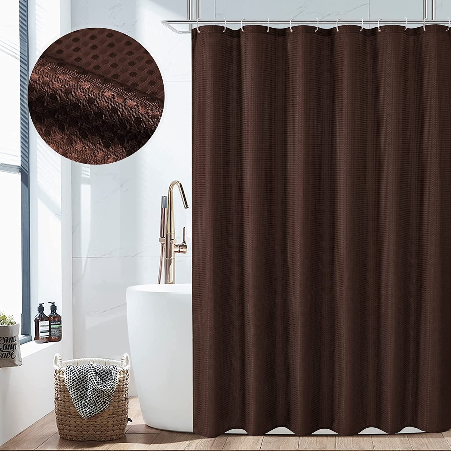 Brown Shower Curtain, Waffle Weave Textured Fabric Shower Curtain for ...