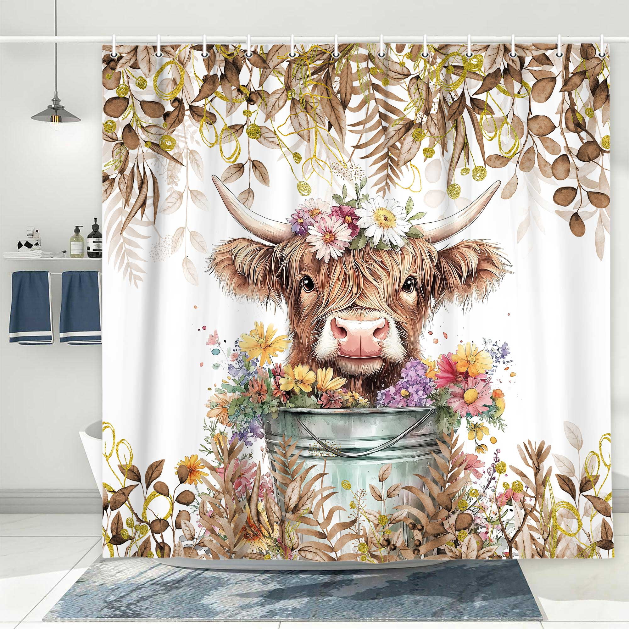 Brown Shower Curtain, Watercolor Plant Eucalyptus Leaves with Floral Farmhouse Highland Cow Bath Curtain, Funny Animals Bathroom Accessories Botanical for Bathroom Curtain Set with Hooks, 72X72in