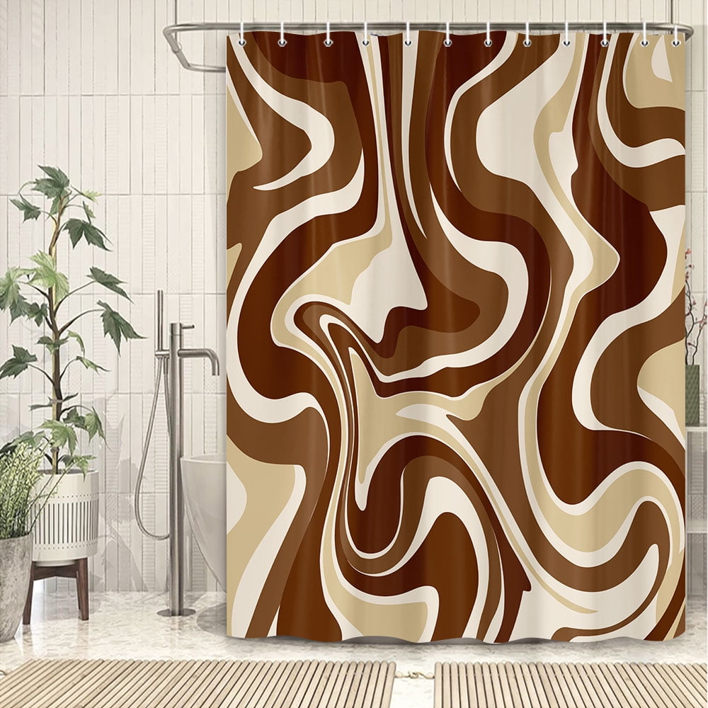 Brown Shower Curtains Set,Brown Retro Boho Aesthetic 70S Abstract Wavy