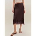 thumbnail image 1 of Brown Silk Satin Midi Skirt With Lace Hem Elastic Waist A-Line Flowy, 1 of 6
