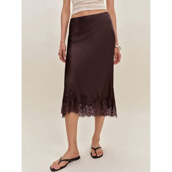 Brown Silk Satin Midi Skirt With Lace Hem Elastic Waist A-Line Flowy